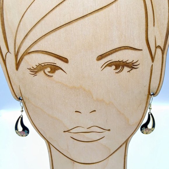 Vintage Cloisonne Dangle Earrings, Floral on Black Enamel with Flowers and Roses - Picture 2 of 4